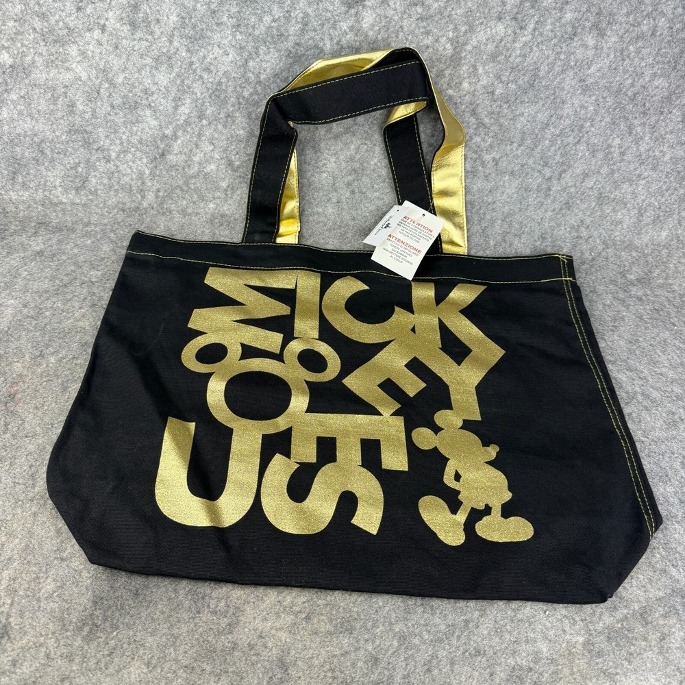 Disney Parks‎ Mickey Mouse Black Gold Glitter Large Canvas Tote Shopping Bag NWT